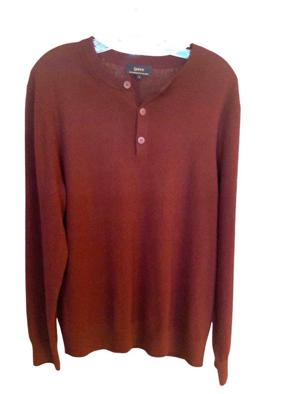 Mens Quince 100% Mongolian Cashmere Henley Sweater Burgundy Size L Long Sleeve